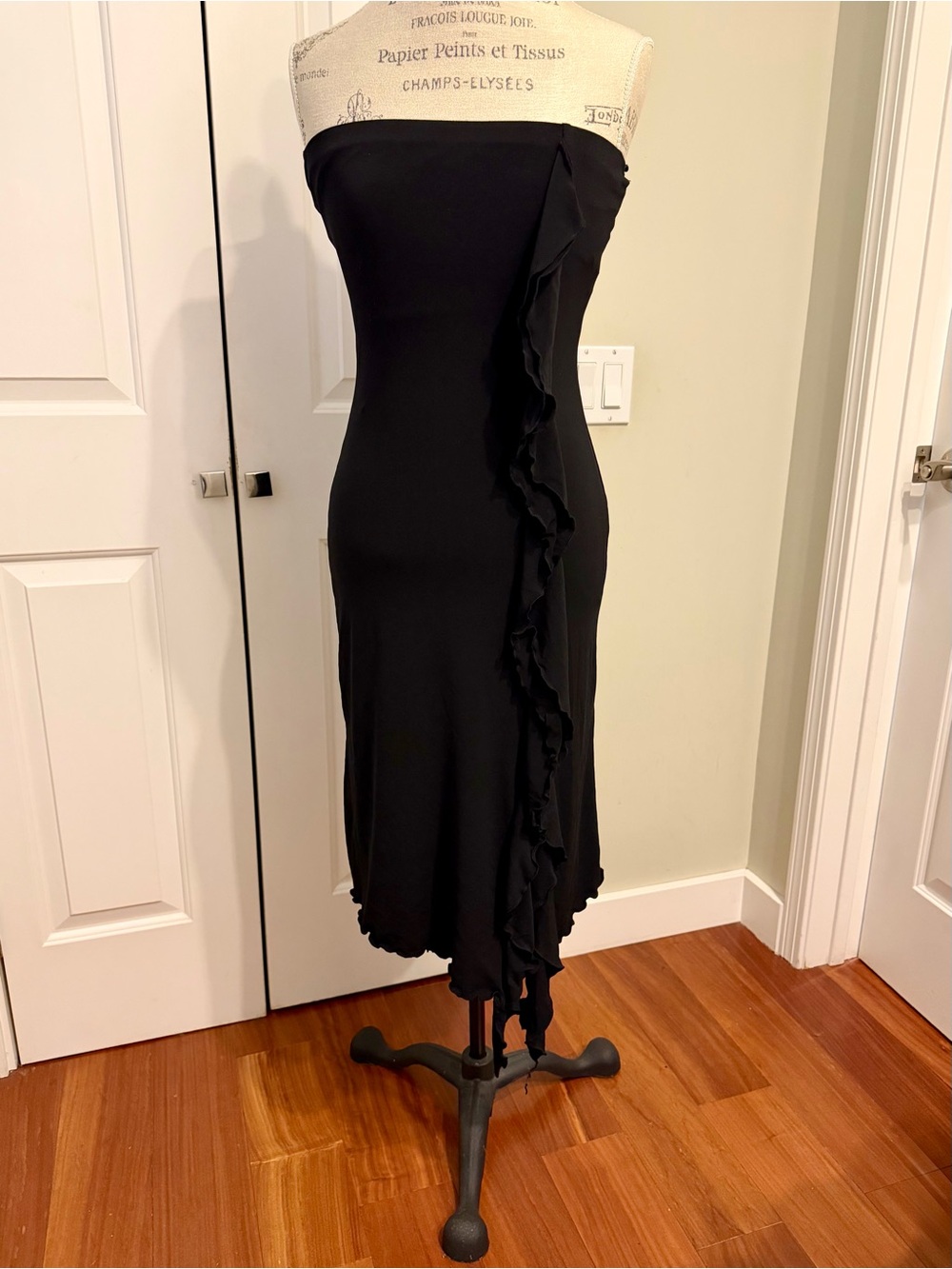 Guess Strapless Black Ruffle Midi Dress